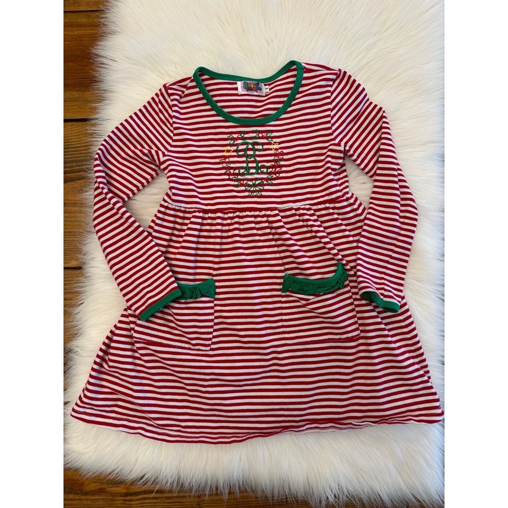 B monogrammed Christmas striped dress‎ size 6 EUC